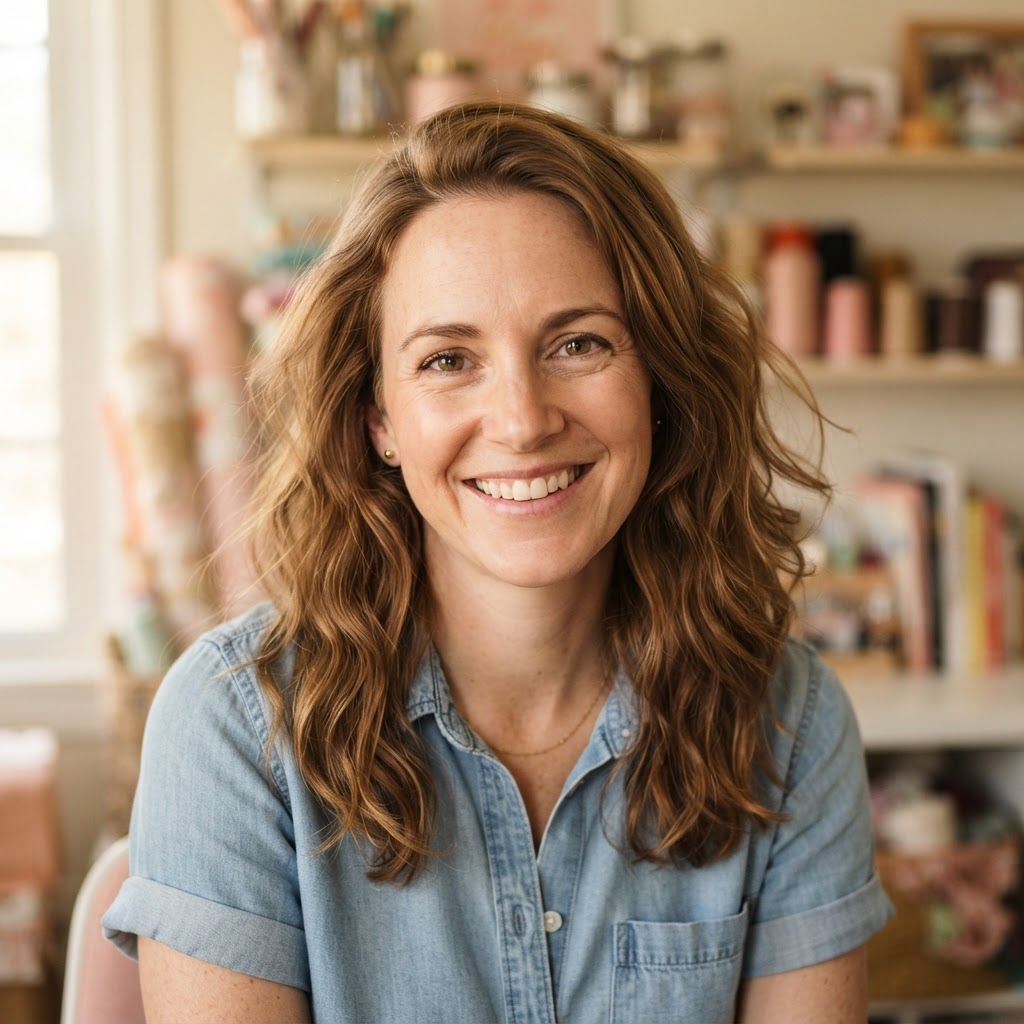 Smiling woman in her thirties with long auburn hair in a denim shirt