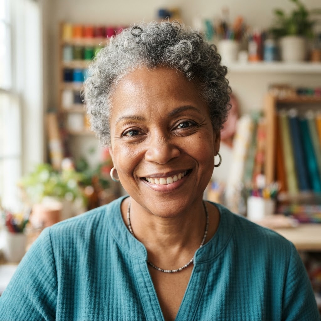 Smiling Black woman in her fifties with short gray natural hair