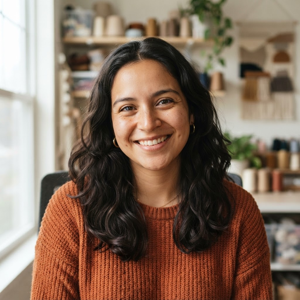 Smiling young Latina woman with dark wavy hair in a rust sweater